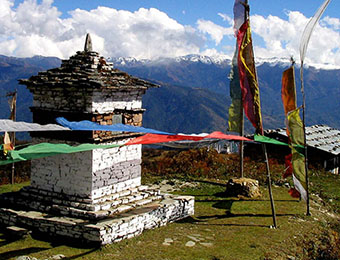 Mountain views and prayer flags in Samdrup Jongkhar, Bhutan