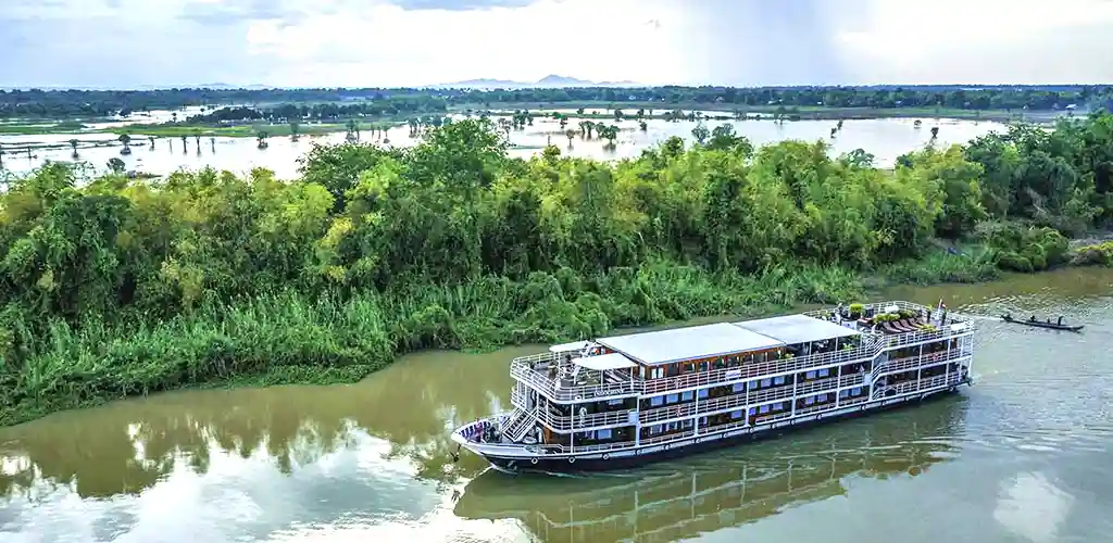 Mekong river Aqua Mekong luxury cruise ship from the air