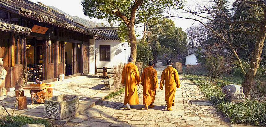 Monk procession at the luxury hotel Amanfayun, in  Hangzhou, China
