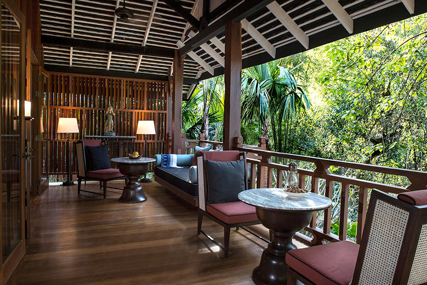 Terrace at Rosewood luxury resort in Luang Prabang, Laos