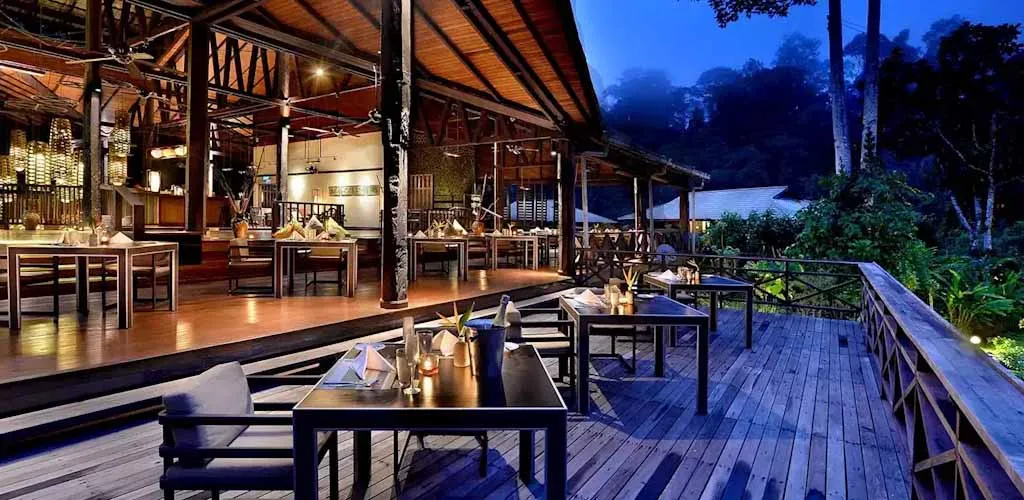 Borneo Rainforest Lodge restaurant terrace overlooking Danum Valley jungle, Borneo
