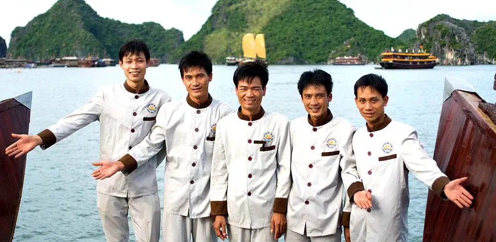 Boat crew on Luxury Halong Bay cruise ship