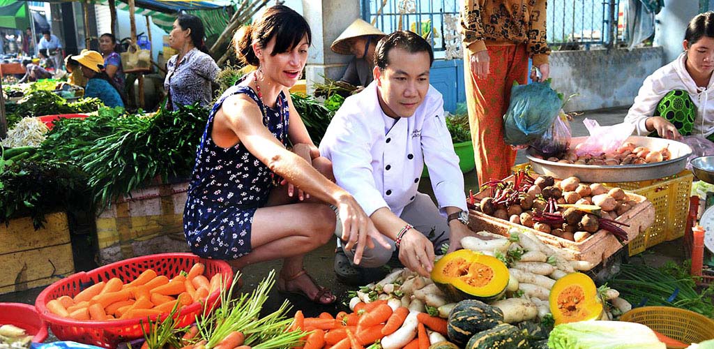 Shopping for a cooking class in hoi An, Vietnam