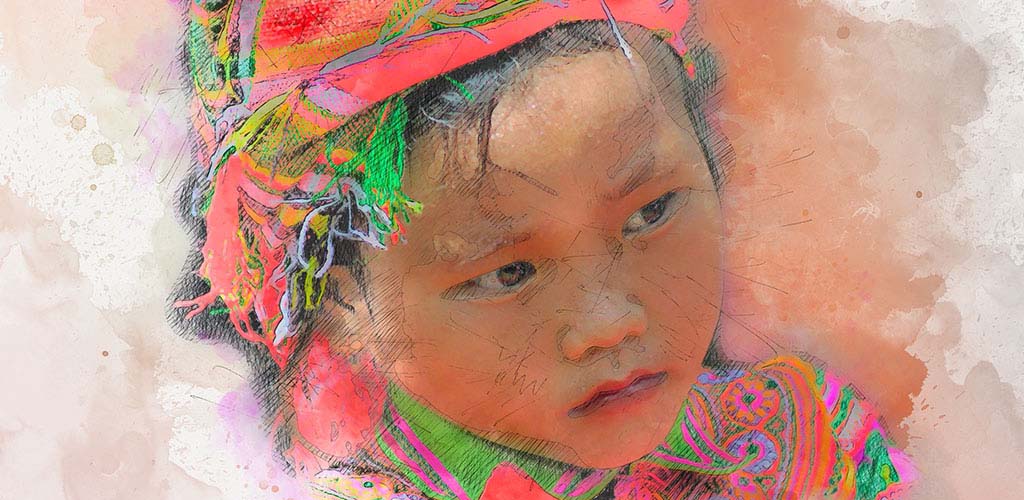 Water color artwork of traditional hill tribe child in Vietnam