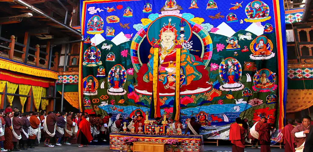 Unfurling of sacred thangka at Paro tsechu in Bhutan
