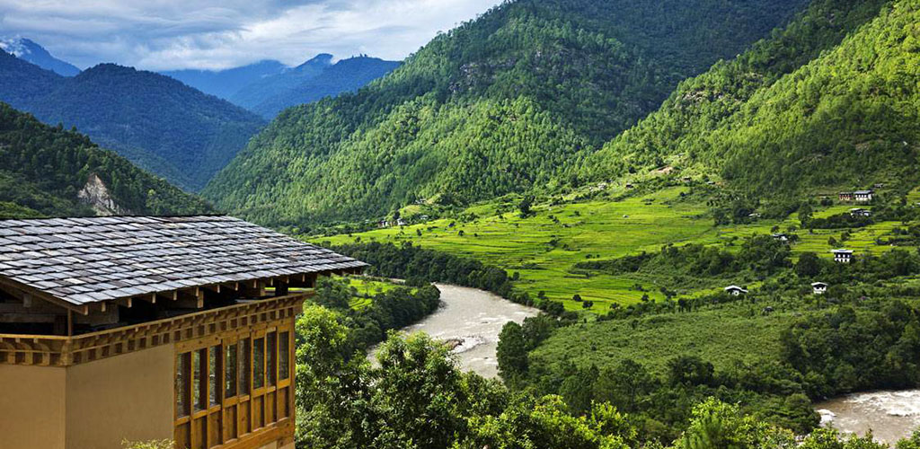 luxury hotel view of punakha valley, Bhutan