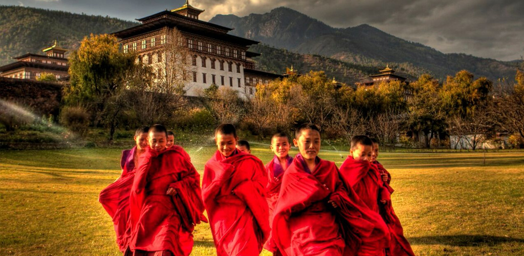 Child monks in front of hotel in Bhutan