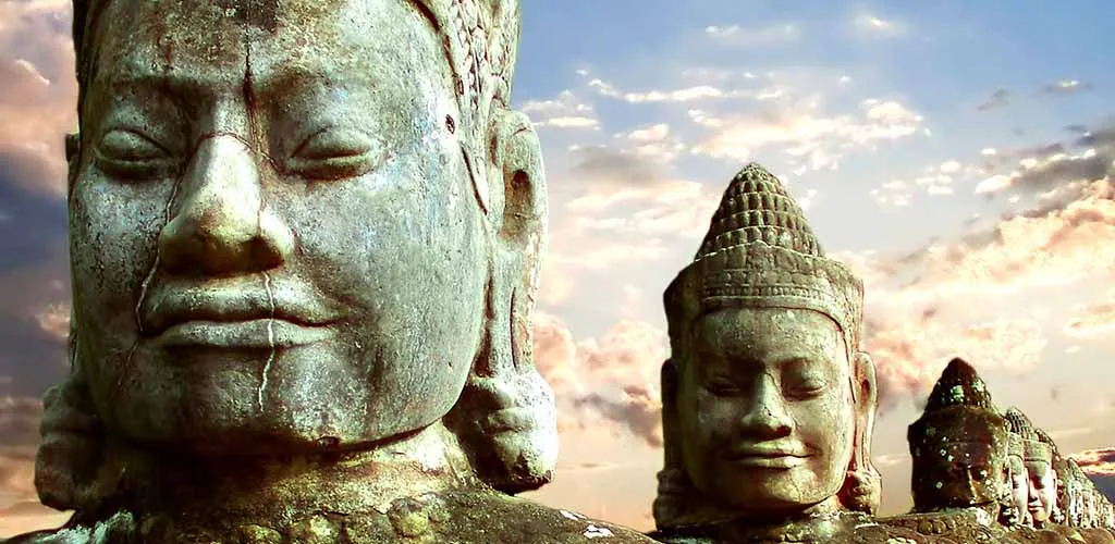 Stone guardians at Angkor Thom's South Gate