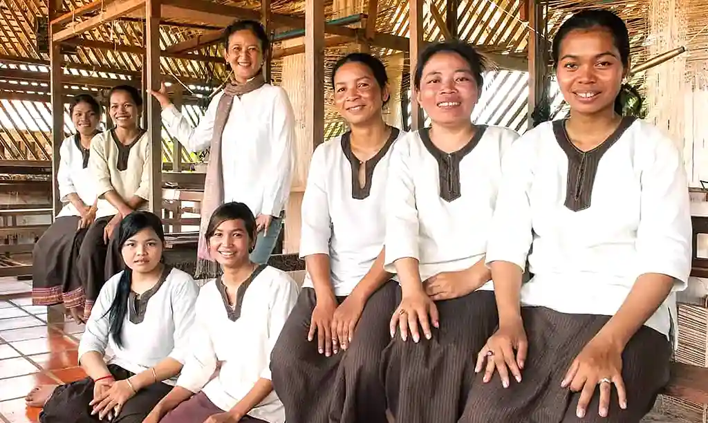 Women staff and founder Pheach at the Golden Silk Farm in Siem Reap, Cambodia