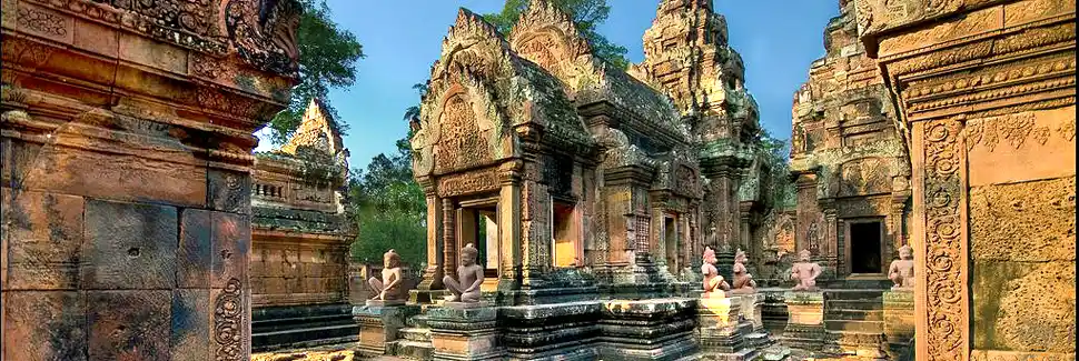 Buildings with carved reliefs at the temple Banteay Srei in Cambodia.