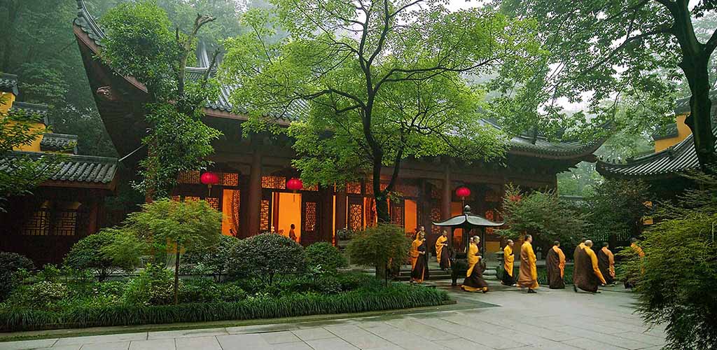 Monks walking at Amanfayun, Hangzhou, China