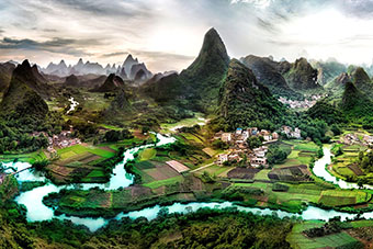 Aerial view of Li River in Guilin, China