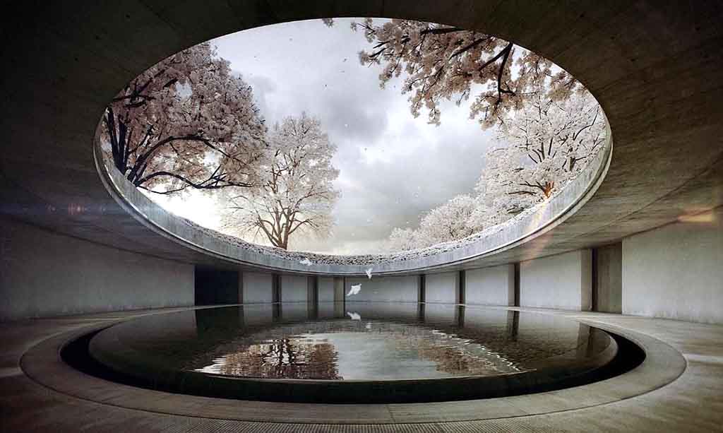 Benesse House Oval with flowering trees, Naoshima, Japan