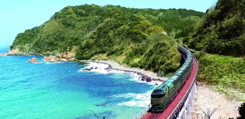 Twilight Express Mizukaze luxury train on the coast of Japan