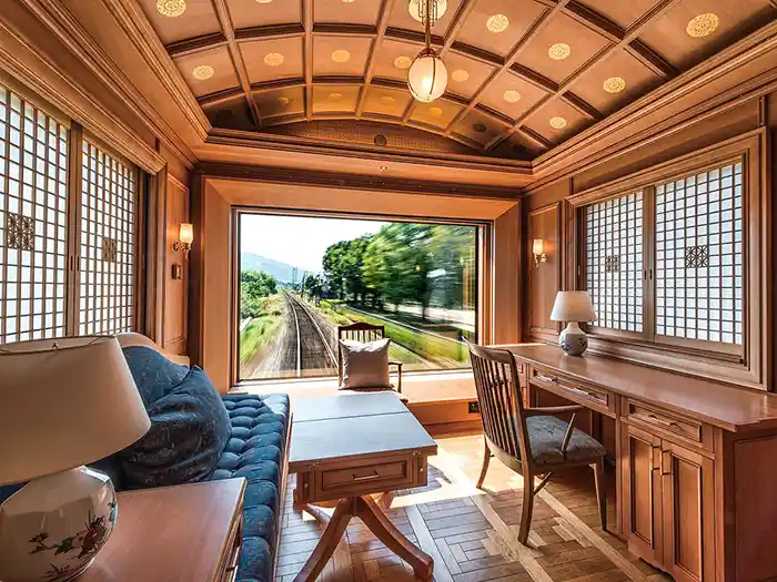 Deluxe suite rear view car of Seven Stars train in Kyushu, Japan