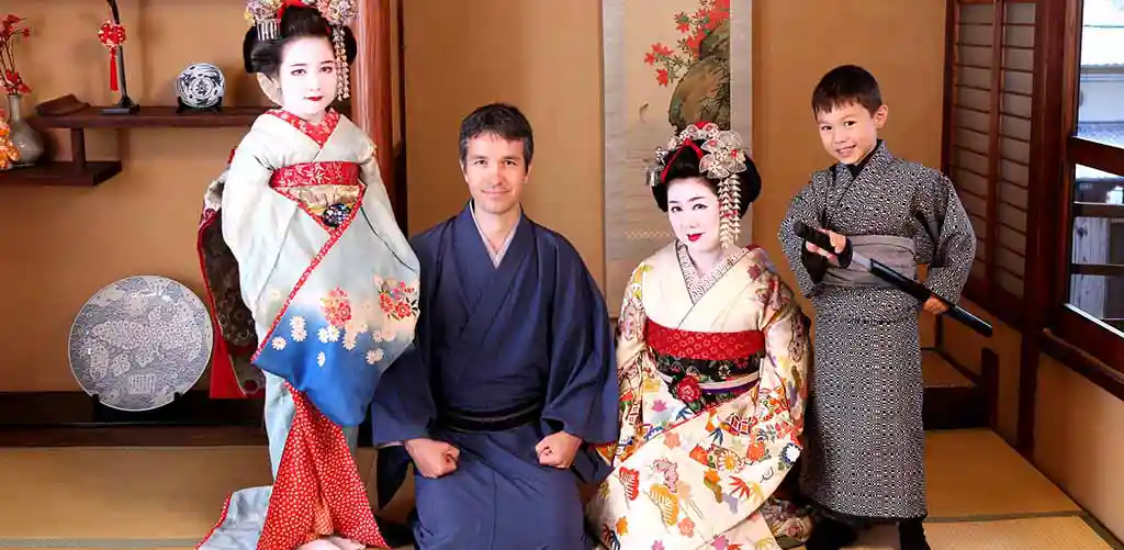 Family visiting and dressing up with maiko in Kyoto, Japan