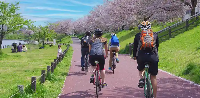 Family cycling tour along the Kyunakagawa in Tokyo, Japan