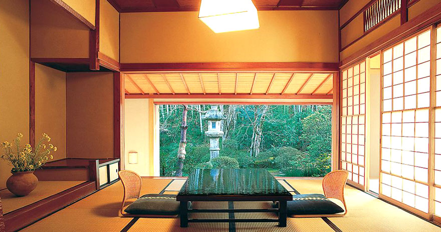 Traditional room with tatami mats at the Asaba luxury ryokan in Izu, Japan