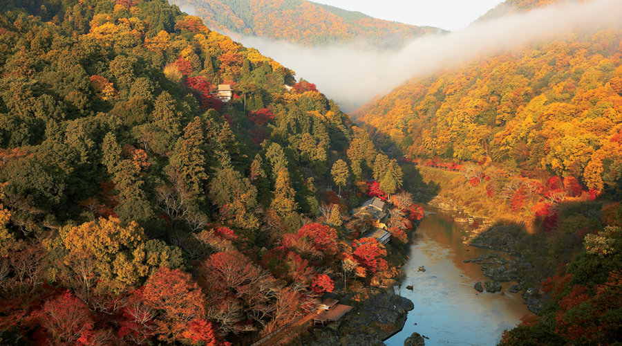 Aerial image of the Hoshinoya luxury ryokan and Hozugawa River in Kyoto, Japan