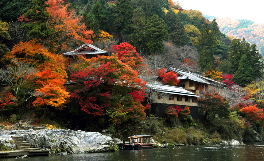 River view of the Hoshinoya luxury ryokan and Hozugawa River in Kyoto, Japan