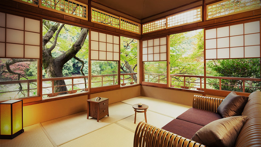 Suite room at the Hoshinoya luxury ryokan and Hozugawa River in Kyoto, Japan