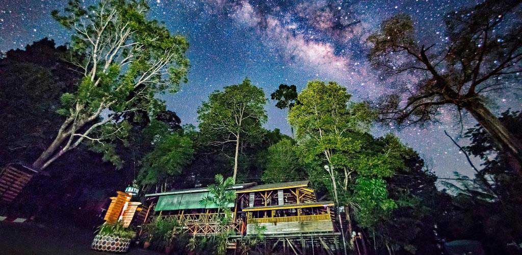 Borneo Rainforest Lodge at night under stars