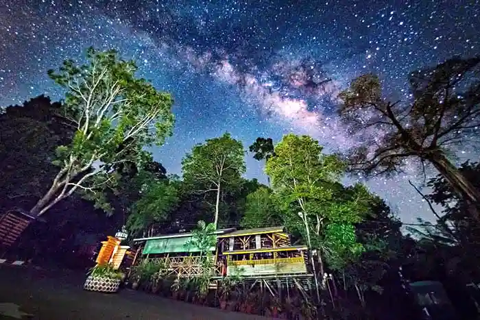 Rainforest Lodge at night in the Danum Valley, Borneo