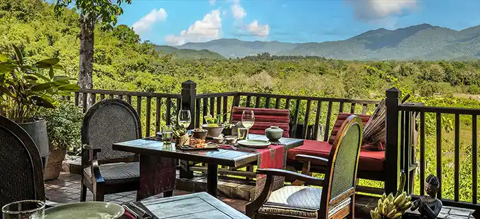 Terrace view at restaurant at Anantara Golden Triangle Resort, Chiang Rai, Thailand