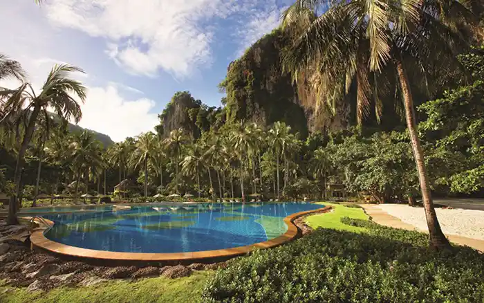 View of pool and jungle at Rayavadee resort in Krabi, Thailand