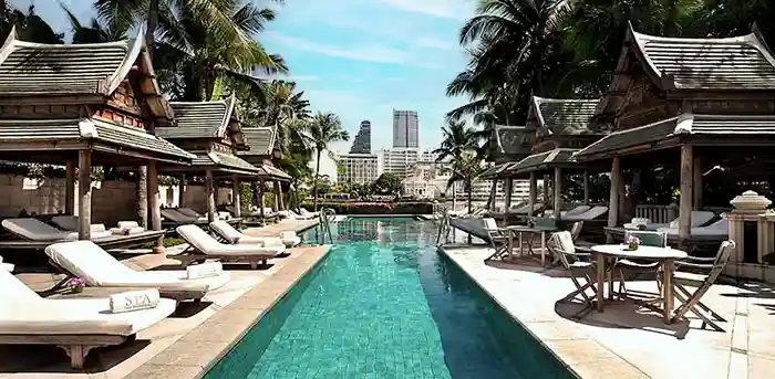 Pool view at Peninsula hotel in Bangkok, Thailand 