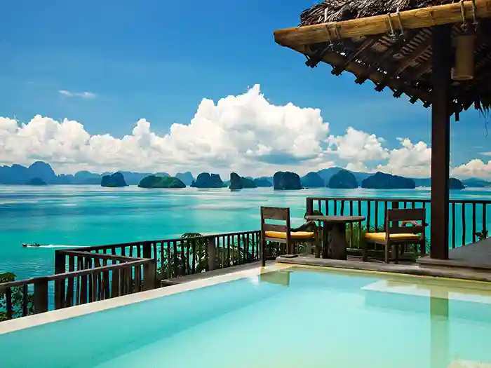View over the ocean from the Six Senses resort villa on Koh Yao Noi 