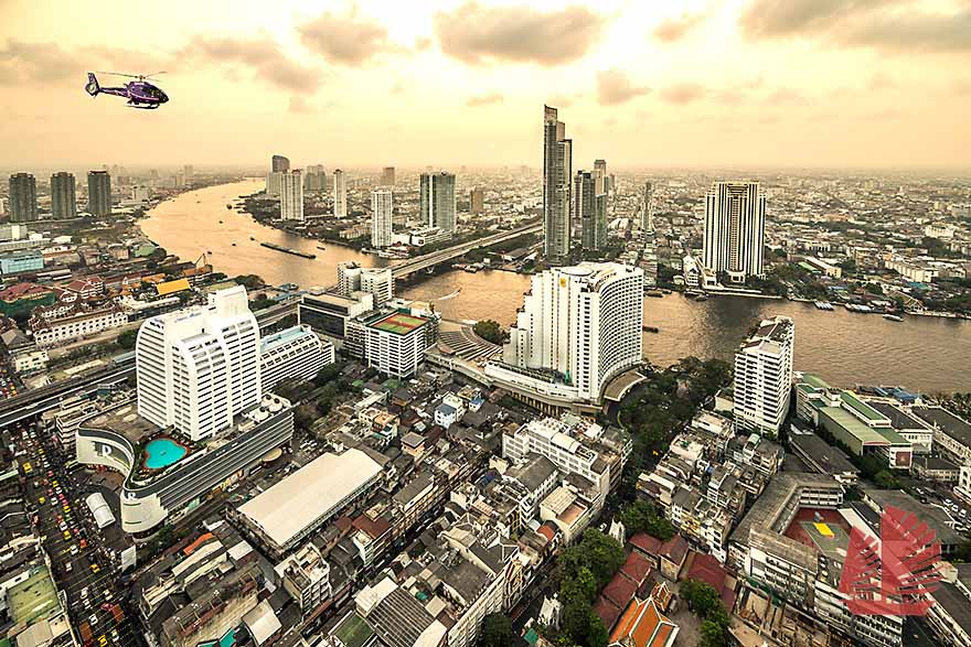 Aerial view of Peninsula and Mandarin Oriental hotels in Bangkok, Thailand 