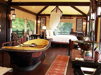 Luxury tent and bath at the Four Season's luxury Tented Camp in the Golden Triangle