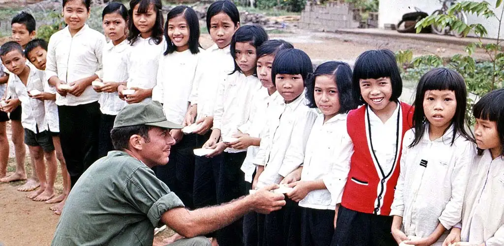 Vietnam soldier David Hagen at local school in the Mekong Delta, Vietnam