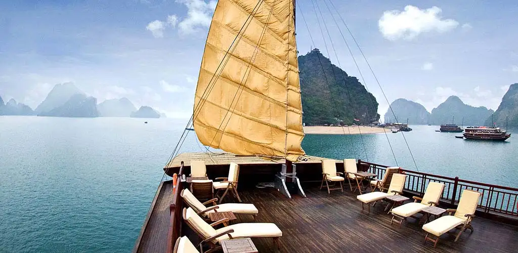 Deck of luxury cruise boat on Halong Bay, Vietnam