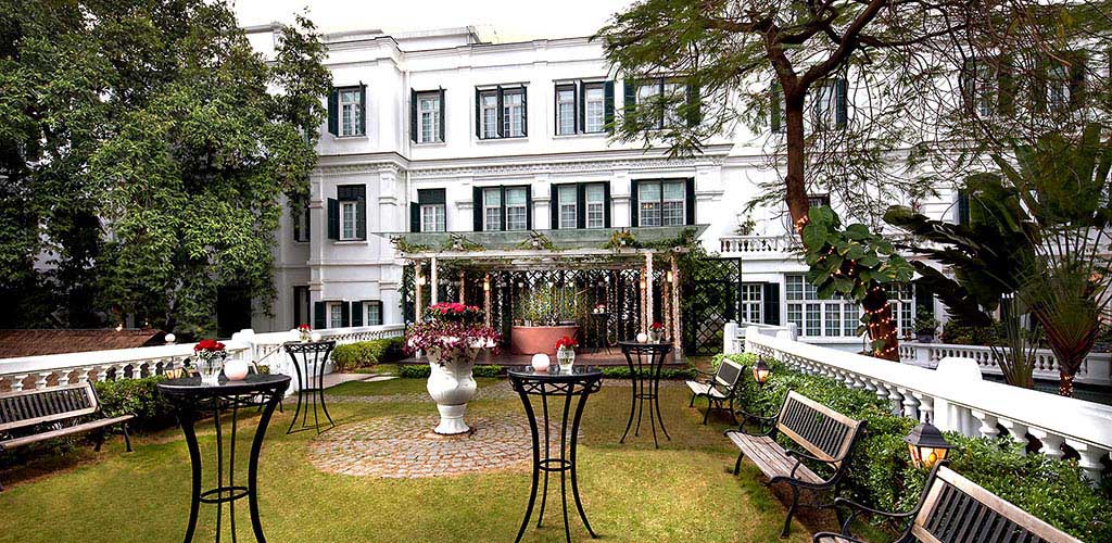 Verdant courtyard at the Metropole luxury hotel in Hanoi, Vietnam.