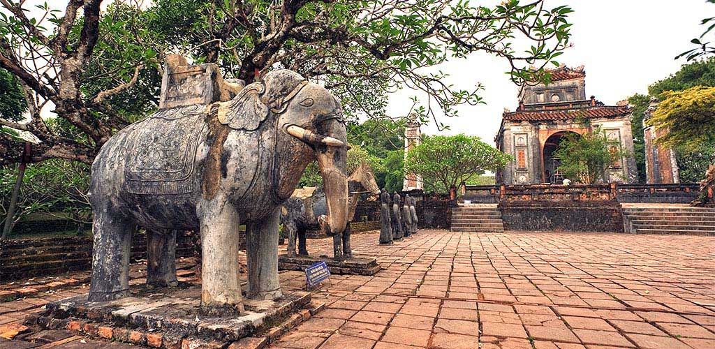 Courtyard elephant statue in Tu Duc Royal Tomb in Hue, Vietnam