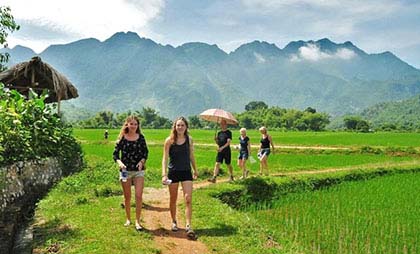 Family hiking in Northwest Vietnam