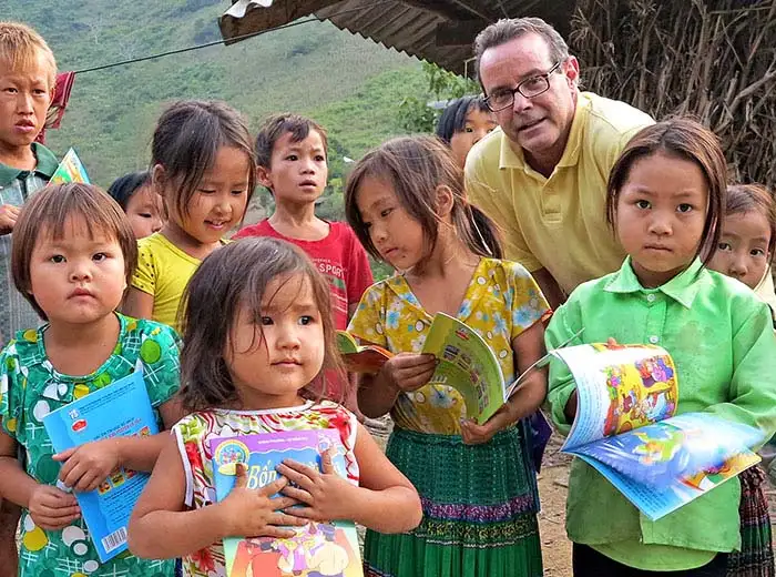 Donating books in rural village school