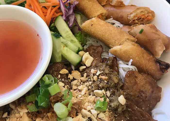 Bun thit nuong - Vietnamese vermicelli with spring rolls and pork