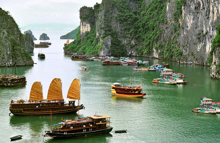View of Halong Bay boats in cove