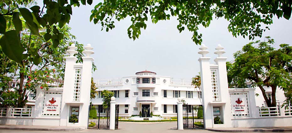 Front gate of the Art Deco La Residence luxury hotel in Hue, Vietnam.