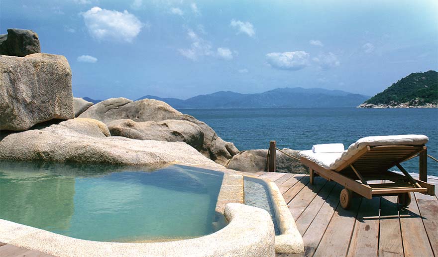 View from the terrace of a luxury bungalow at the Six Senses Ninh Van Bay, Vietnam.