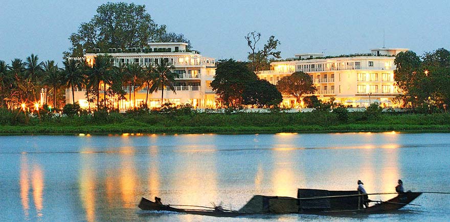 View of La Residence luxury hotel from the Perfume River in Hue, Vietnam.