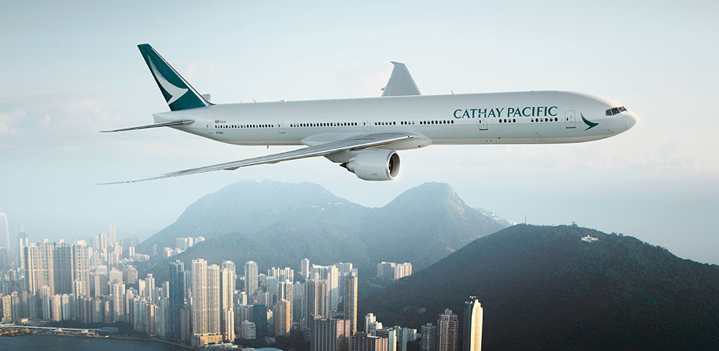 Cathay Pacific airplane over Hong Kong