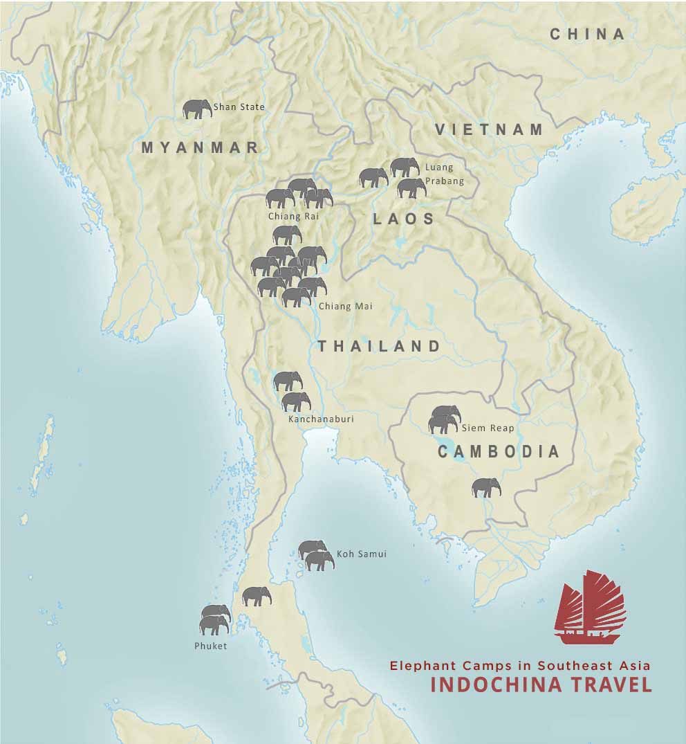 Map of elephant camps and sanctuaries in Asia